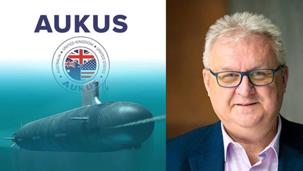 Photo of Goran Dubjlevic, Director of Rubicon Associates and a graphic representing the AUKUS nuclear-powered submarine program