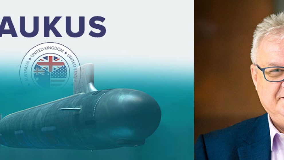irector of Rubicon Associates, Goran Dubjlevic, portrait and a graphic representing the AUKUS nuclear-powered submarine program